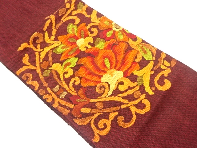 手織り真綿紬花唐草模様織出し名古屋帯